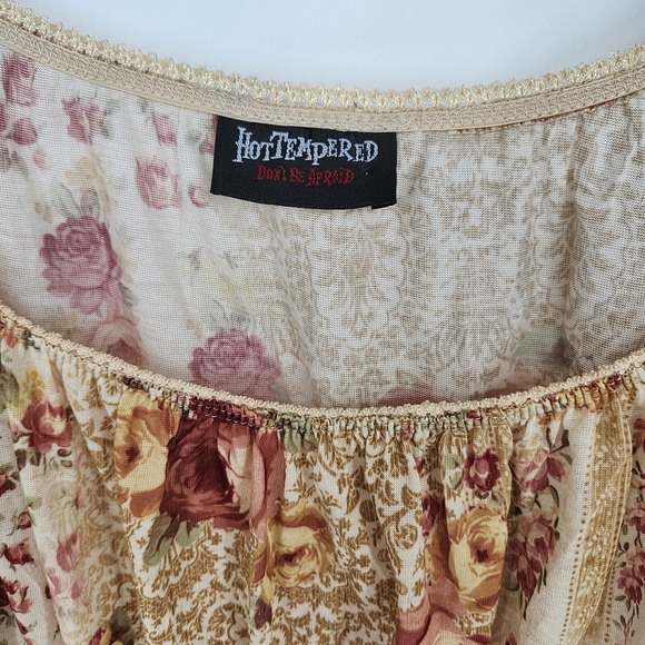 VTG Earthy Women's Babydoll Top Size 1X Tan Oxblood Floral‎ Lace Goblincore Boho - Picture 3 of 8